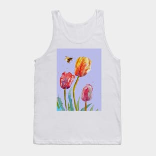 Tulip Flower Watercolor Painting and Bee on Lavender purple Tank Top